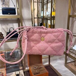 TORY BURCH Willa Tweed Pink Drawstring Bag